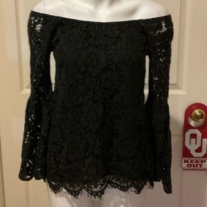 Chaser Black Lace Off-Shoulder Top. Lined. Bell Sleeve.